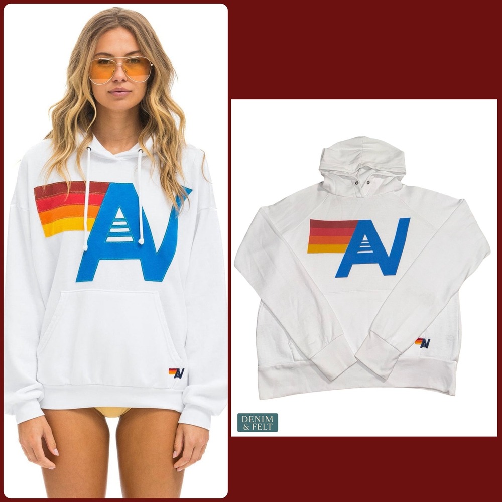 Aviator Nation White Rainbow Logo Hoodie Retro Surf Coastal Unisex Pullover SM